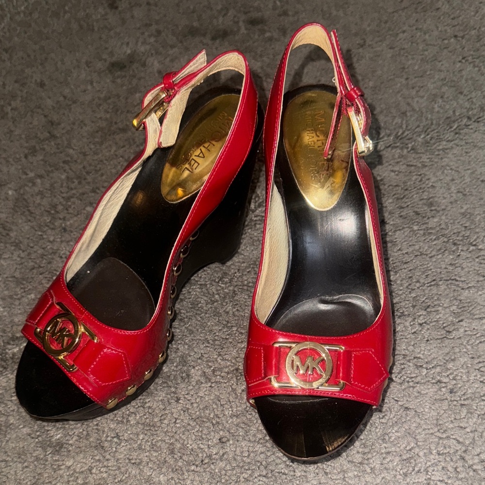 Michael Kors Red Wedge Sandals with Gold Accents
